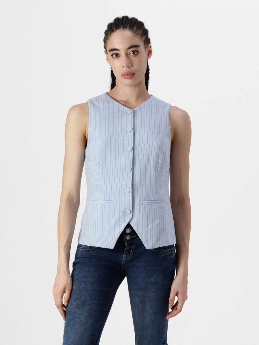 Abercrombie & Fitch Light Blue Pinstripe Sleeveless Button Vest